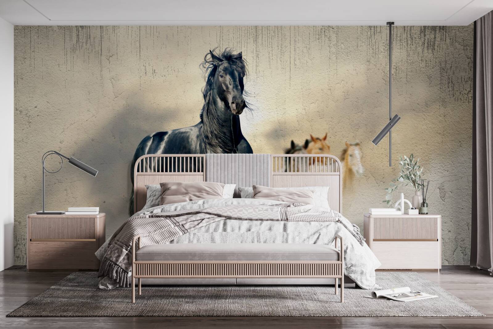 Fototapet o turmă de cai pasc pe o pajiște vastă