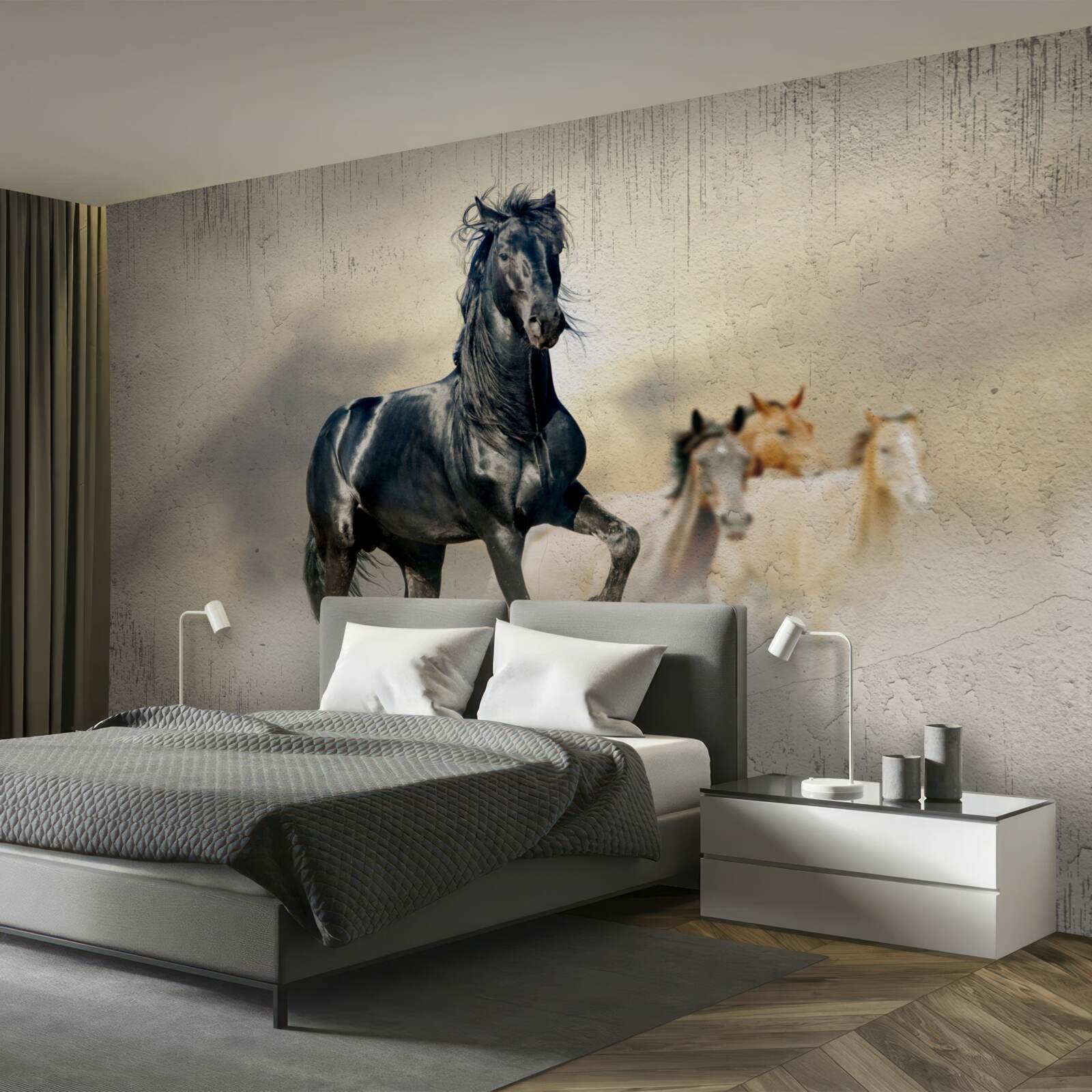 Fototapet o turmă de cai pasc pe o pajiște vastă