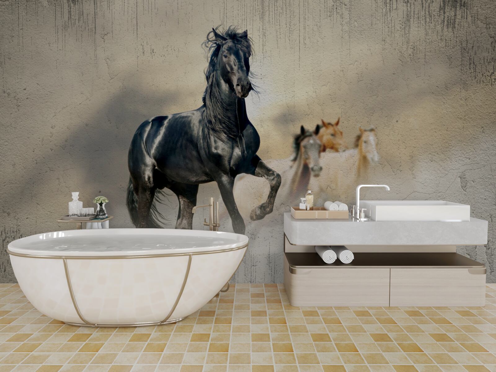 Fototapet o turmă de cai pasc pe o pajiște vastă