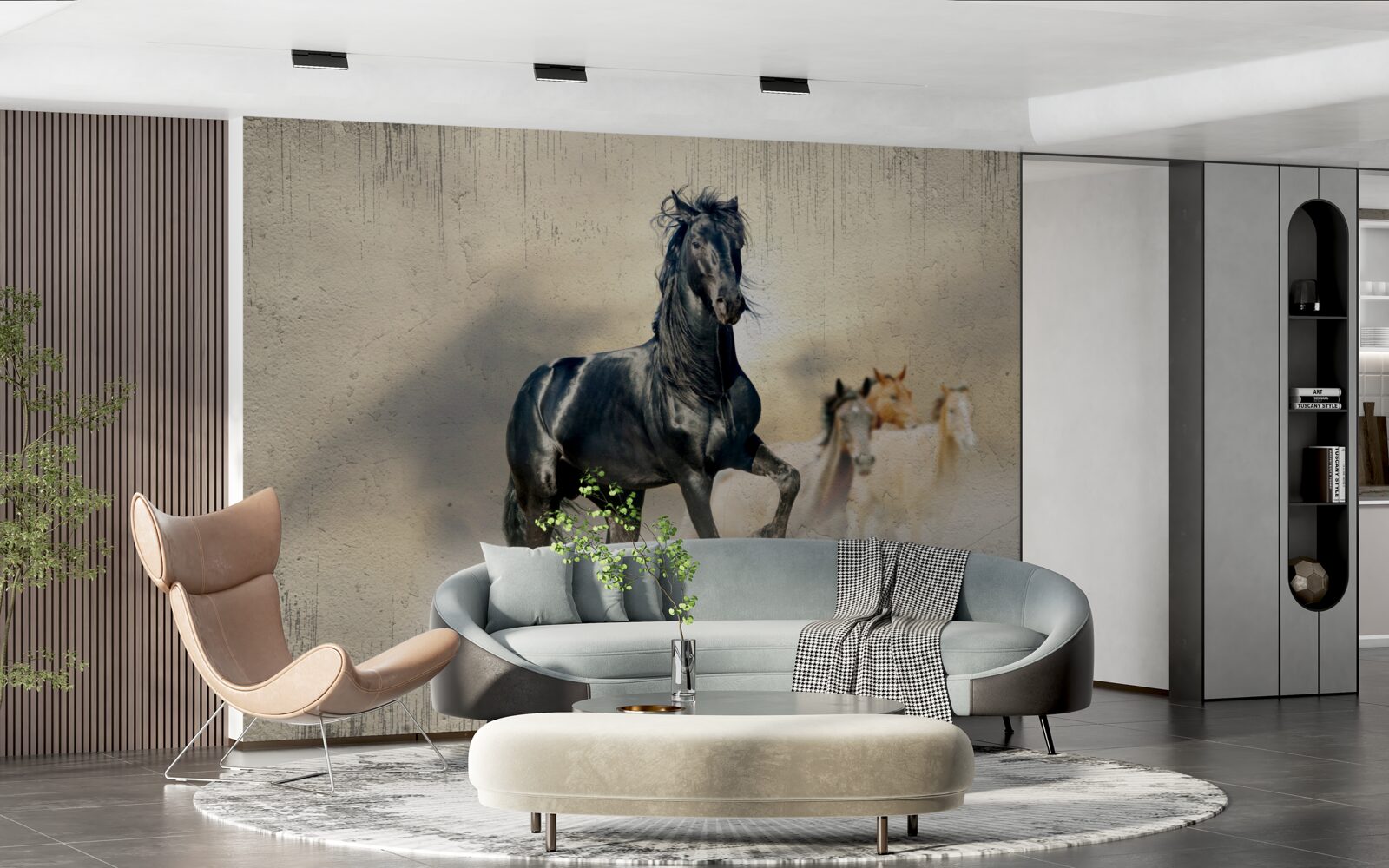 Fototapet o turmă de cai pasc pe o pajiște vastă