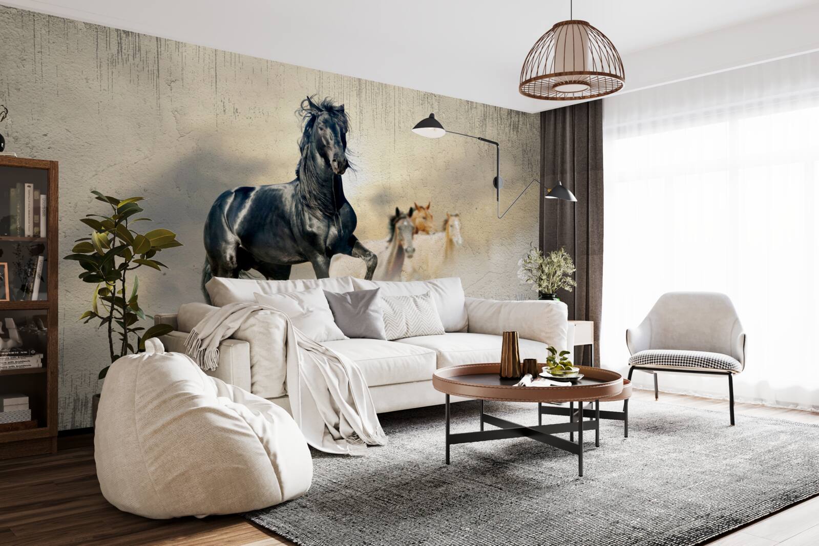 Fototapet o turmă de cai pasc pe o pajiște vastă