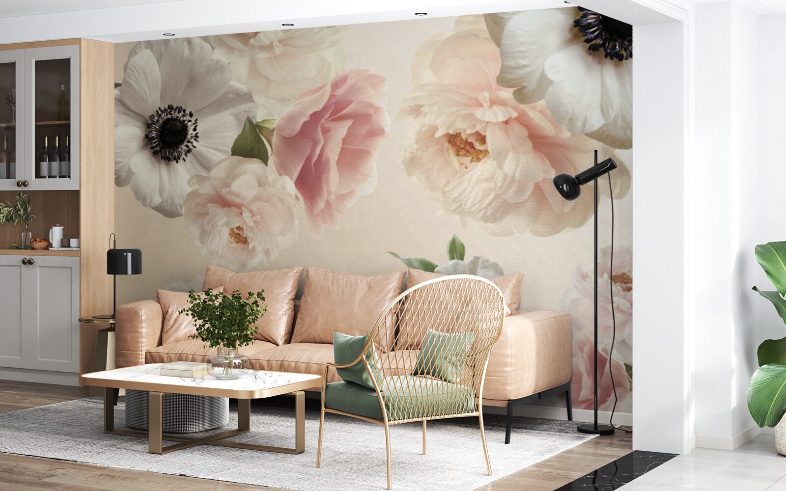 Fototapet trandafir roz cu mac alb