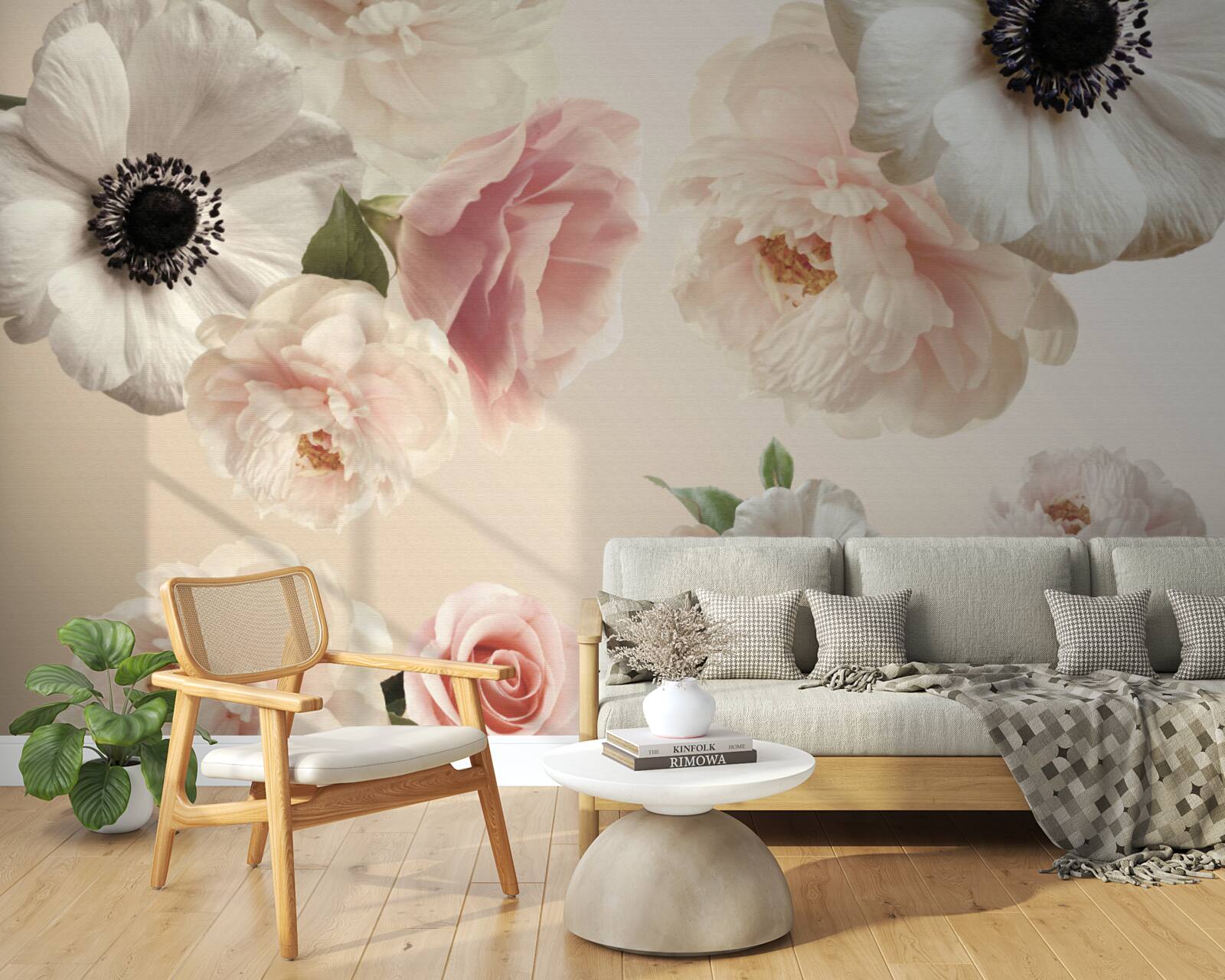 Fototapet trandafir roz cu mac alb