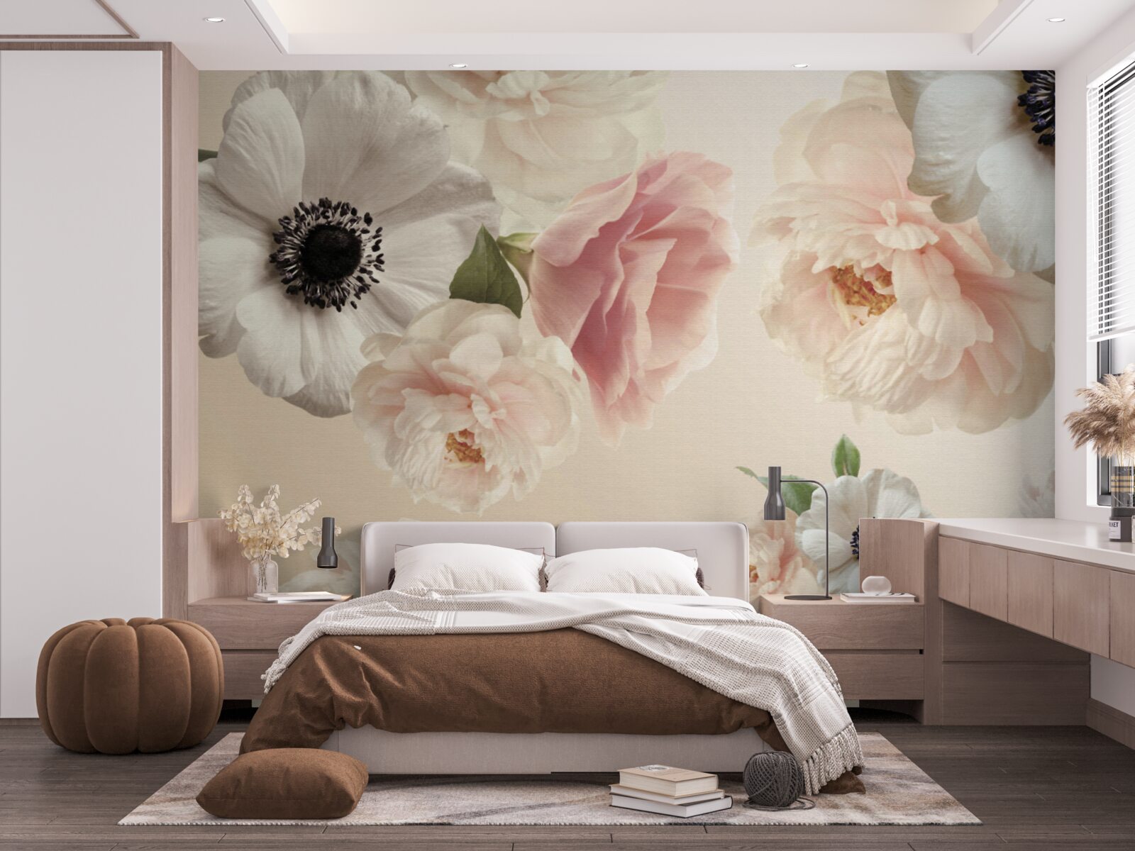 Fototapet trandafir roz cu mac alb