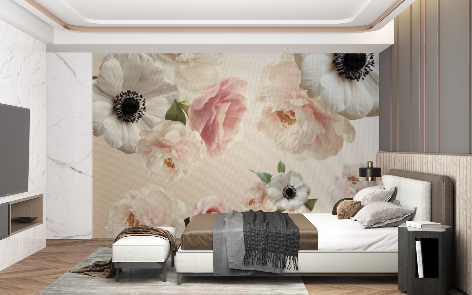 Fototapet trandafir roz cu mac alb