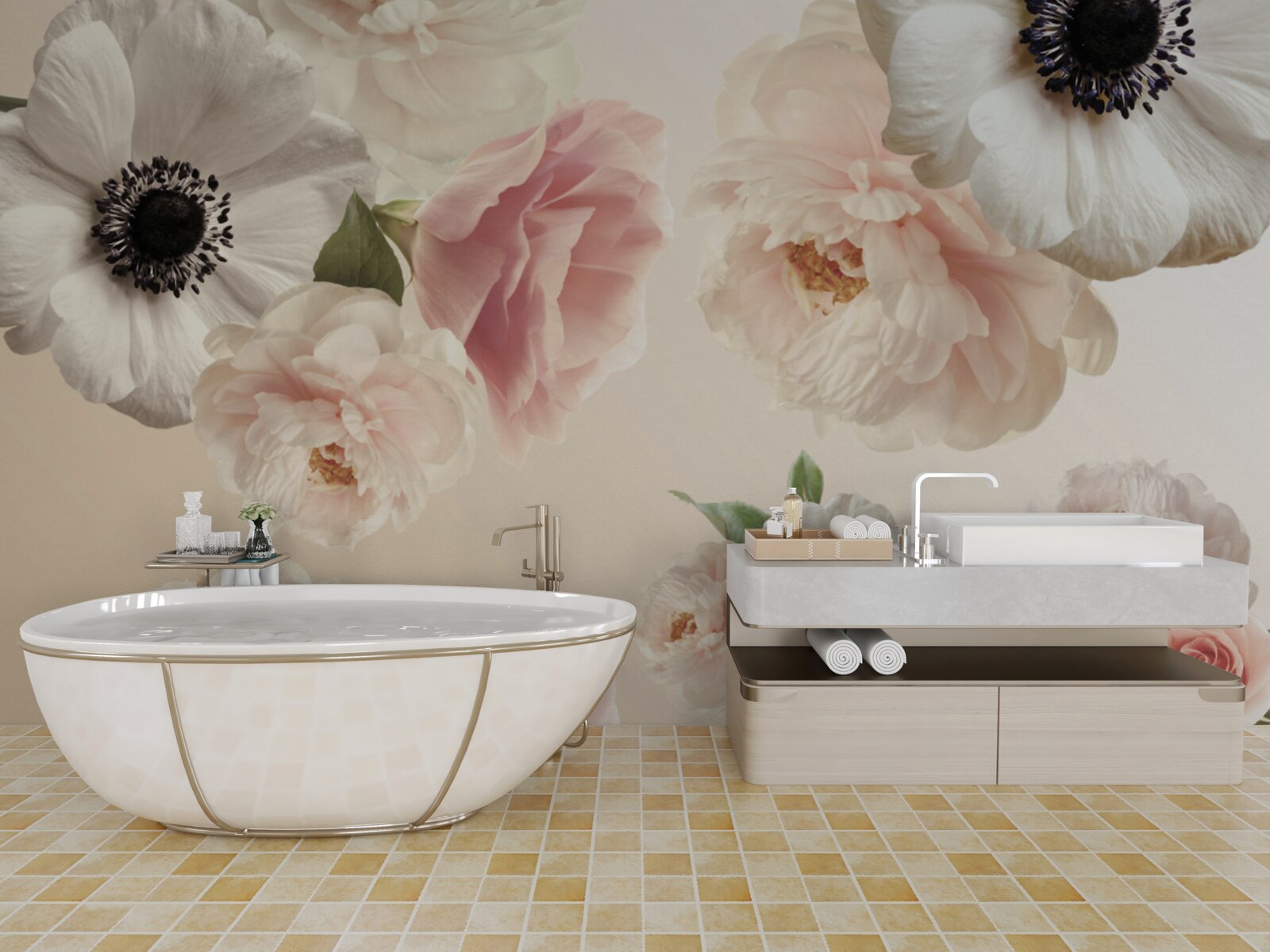 Fototapet trandafir roz cu mac alb