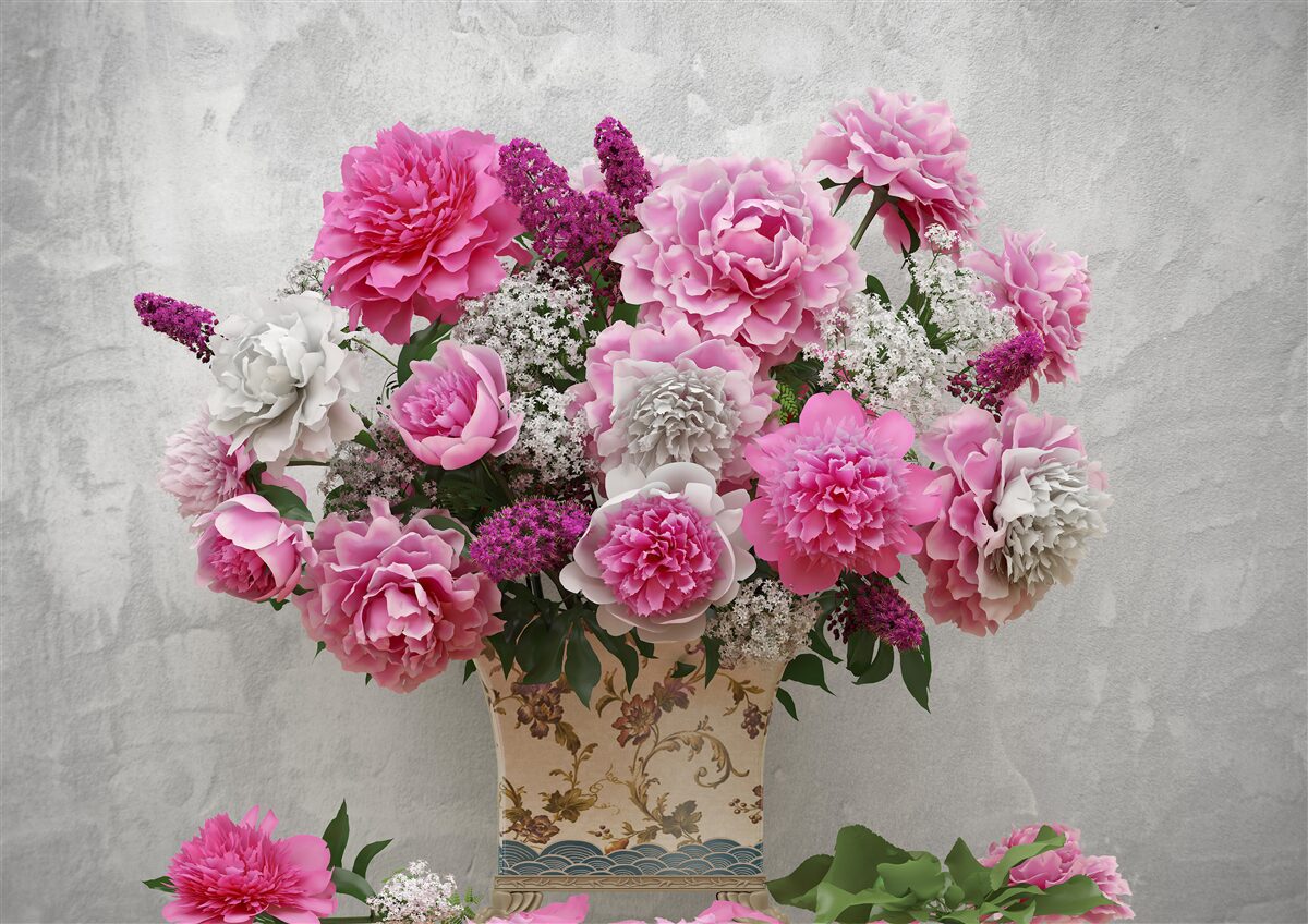 Fototapet compoziție de margarete albe și flori de liliac