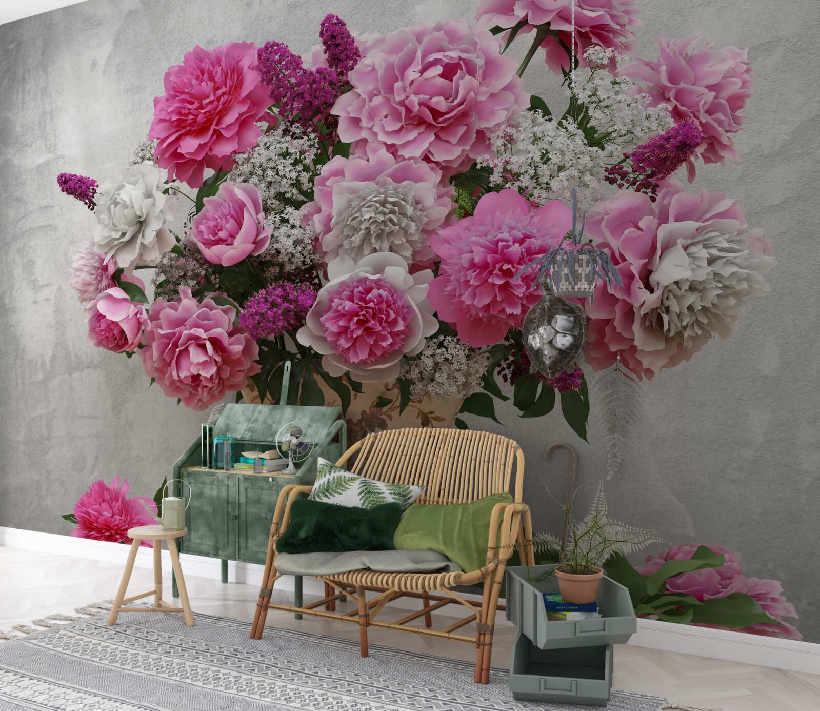 Fototapet compoziție de margarete albe și flori de liliac