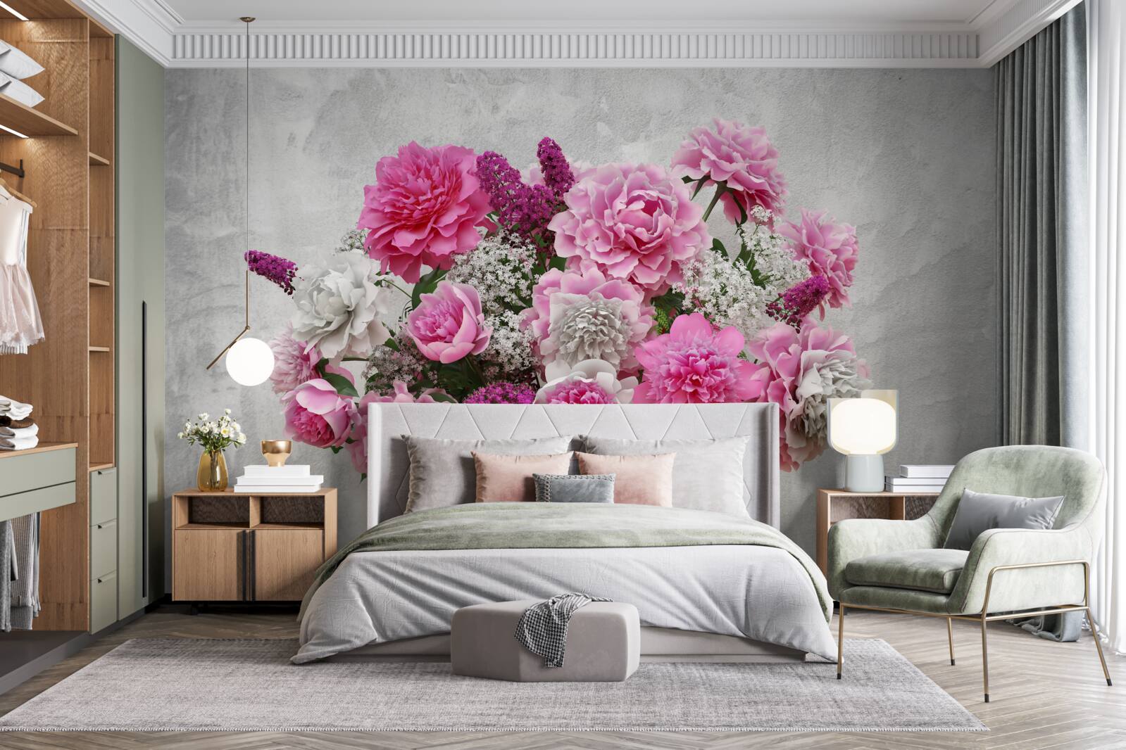 Fototapet compoziție de margarete albe și flori de liliac