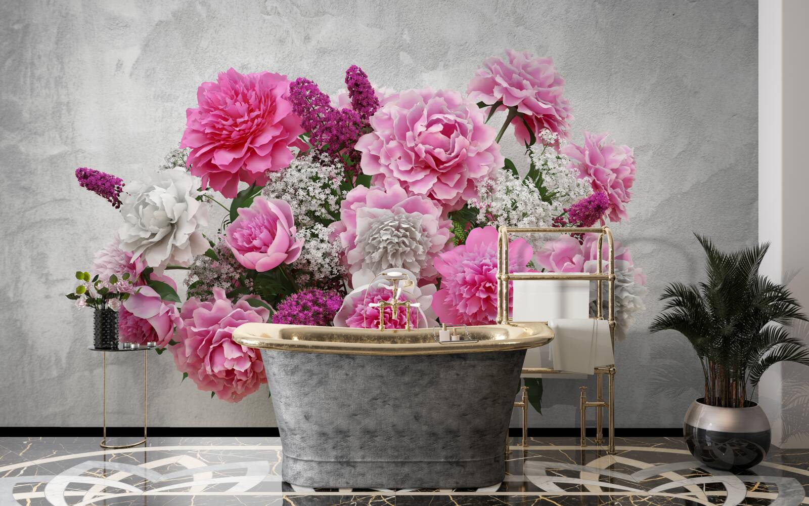 Fototapet compoziție de margarete albe și flori de liliac