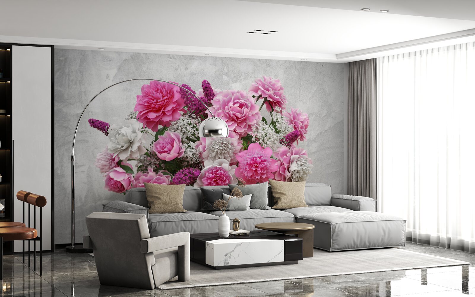 Fototapet compoziție de margarete albe și flori de liliac