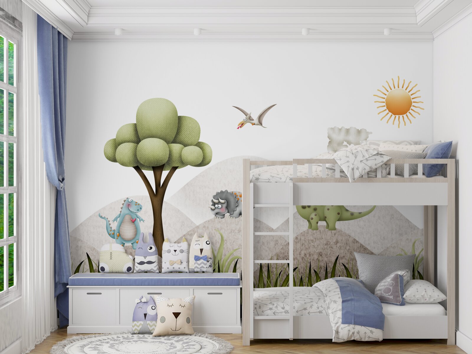 Fototapet dinozaurii se plimbă pe lângă un vulcan