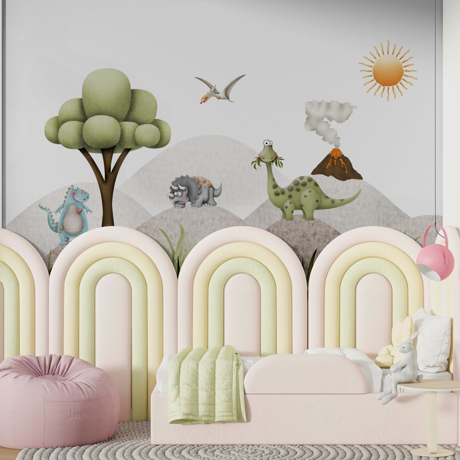 Fototapet dinozaurii se plimbă pe lângă un vulcan