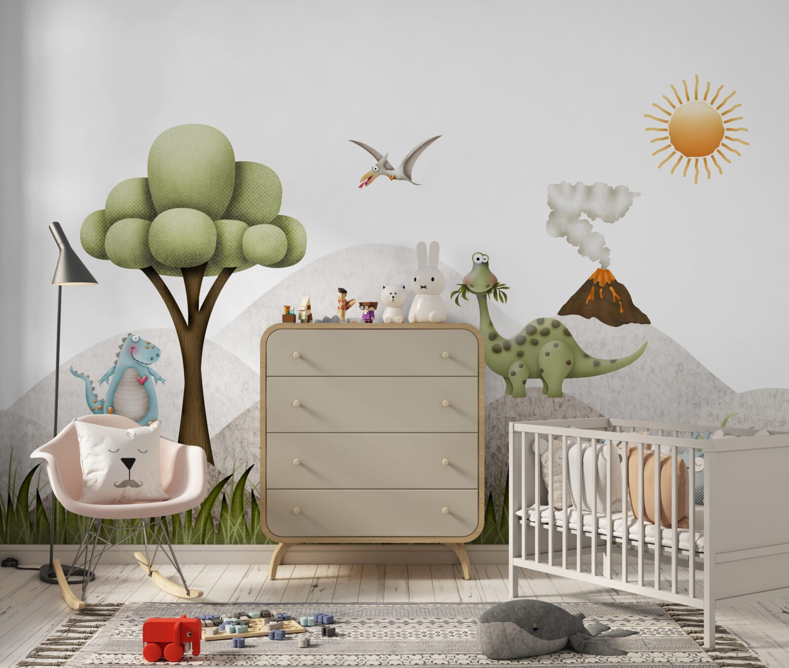 Fototapet dinozaurii se plimbă pe lângă un vulcan