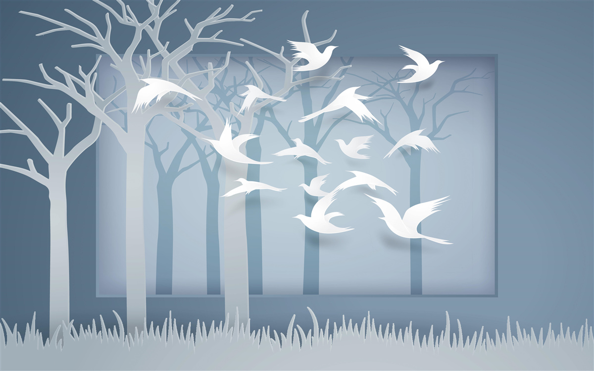 Fototapet un grup de păsări ușoare traversează cerul în timpul nopții scrub