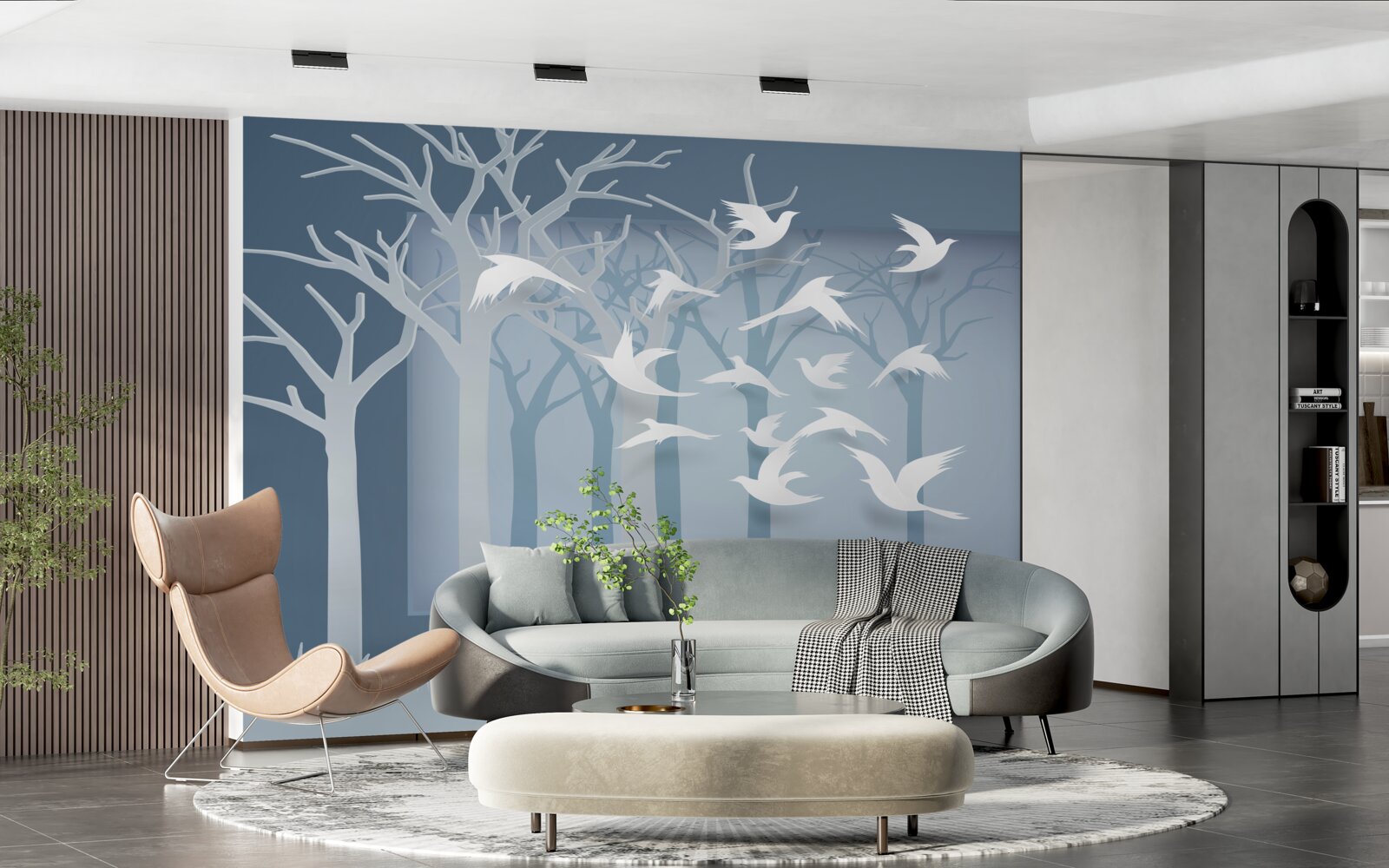 Fototapet un grup de păsări ușoare traversează cerul în timpul nopții scrub