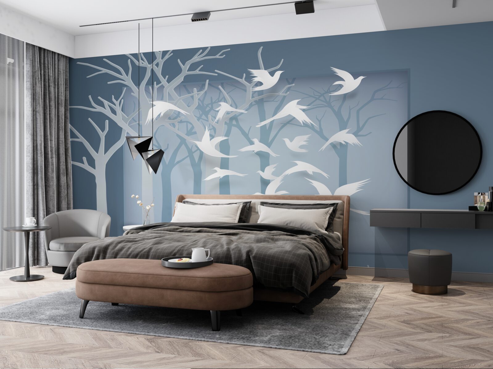 Fototapet un grup de păsări ușoare traversează cerul în timpul nopții scrub