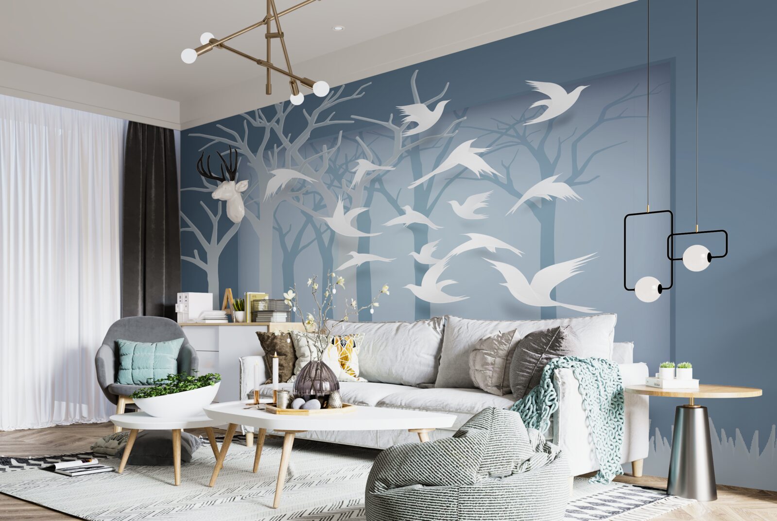 Fototapet un grup de păsări ușoare traversează cerul în timpul nopții scrub