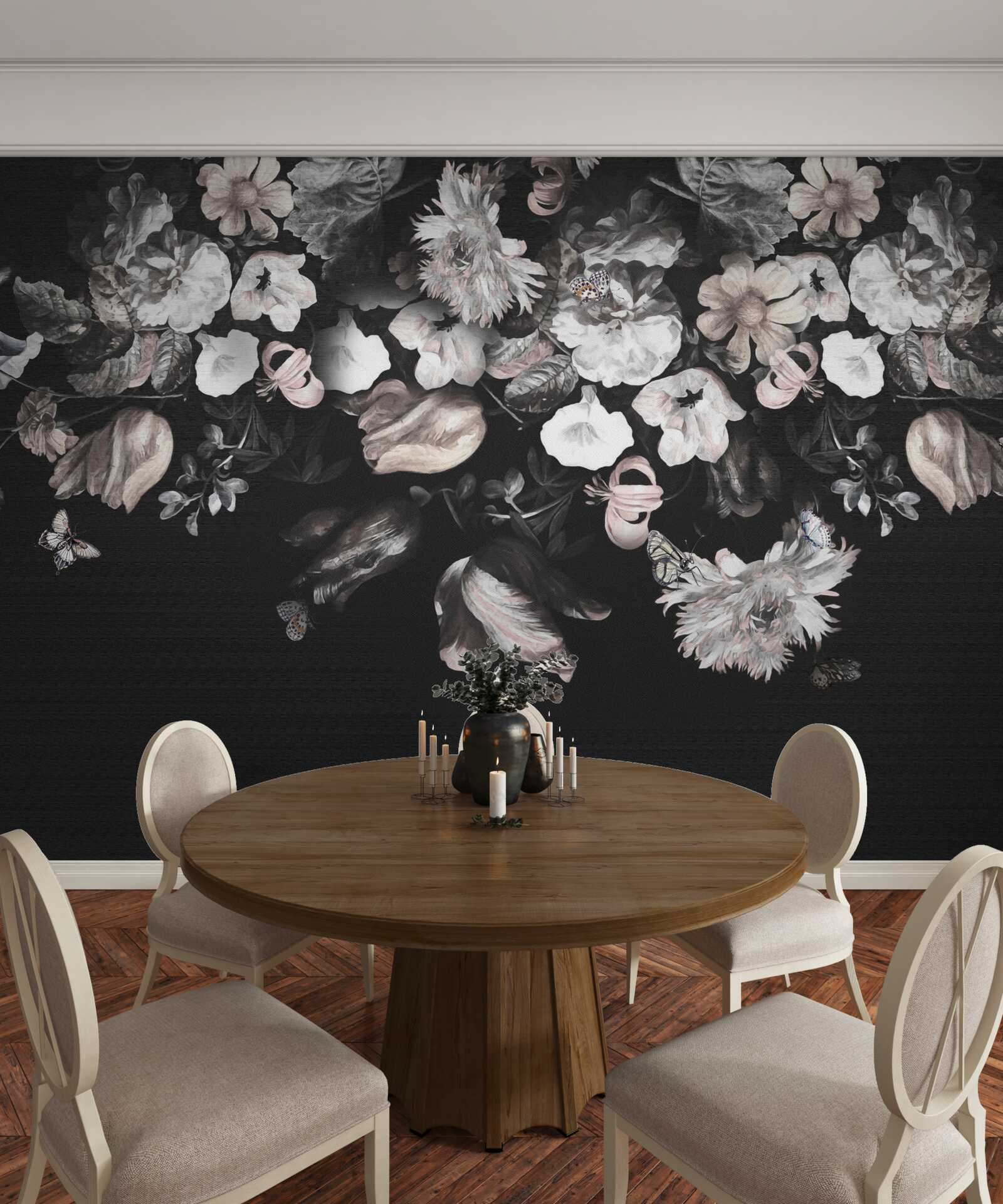 Fototapet muguri de flori albe pe un fundal întunecat