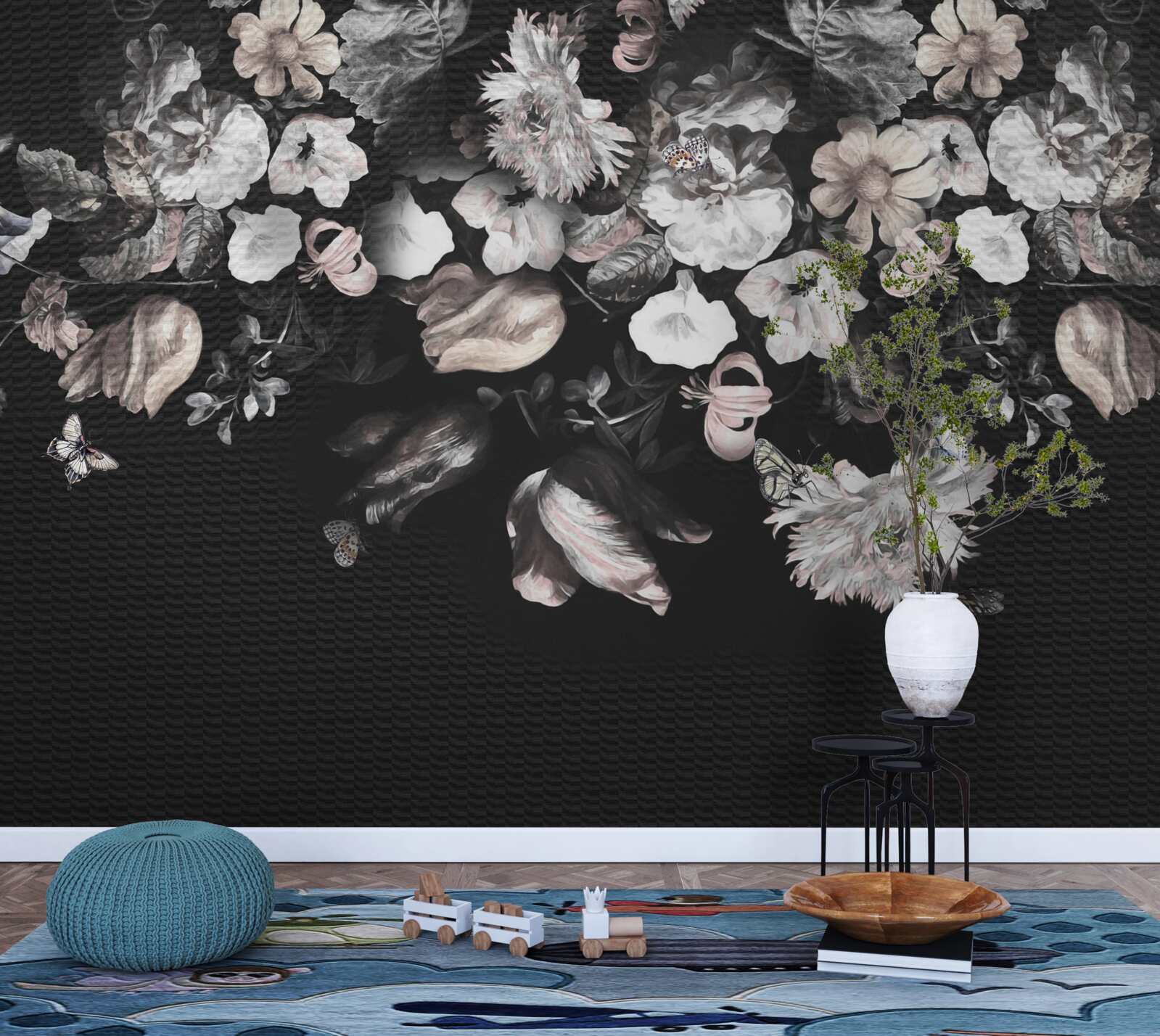 Fototapet muguri de flori albe pe un fundal întunecat