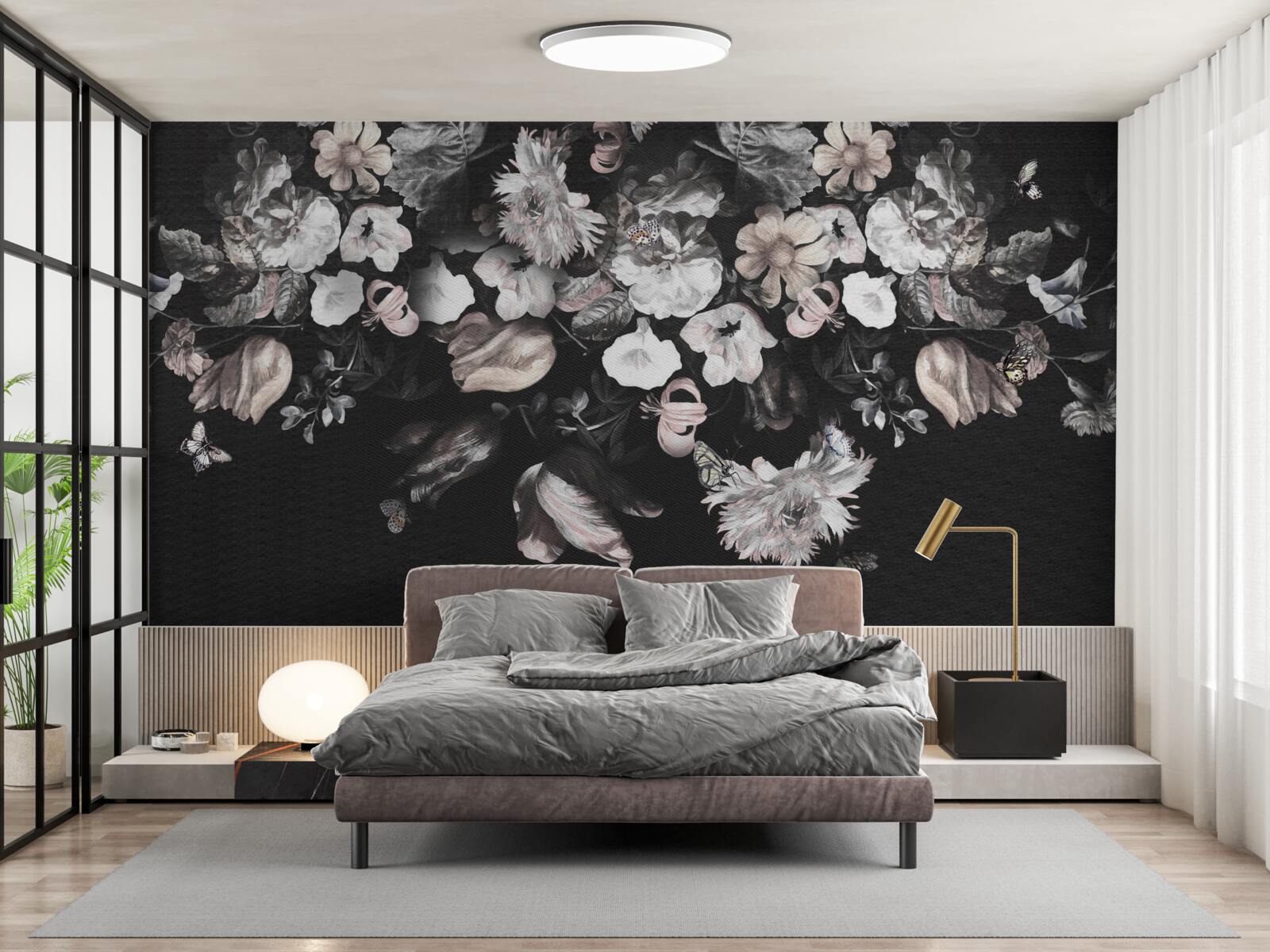 Fototapet muguri de flori albe pe un fundal întunecat