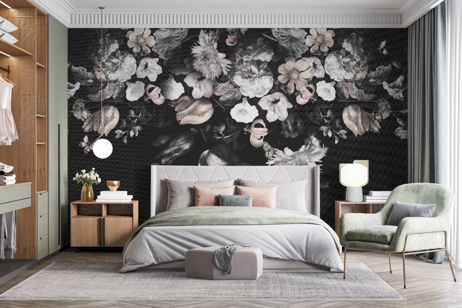 Fototapet muguri de flori albe pe un fundal întunecat