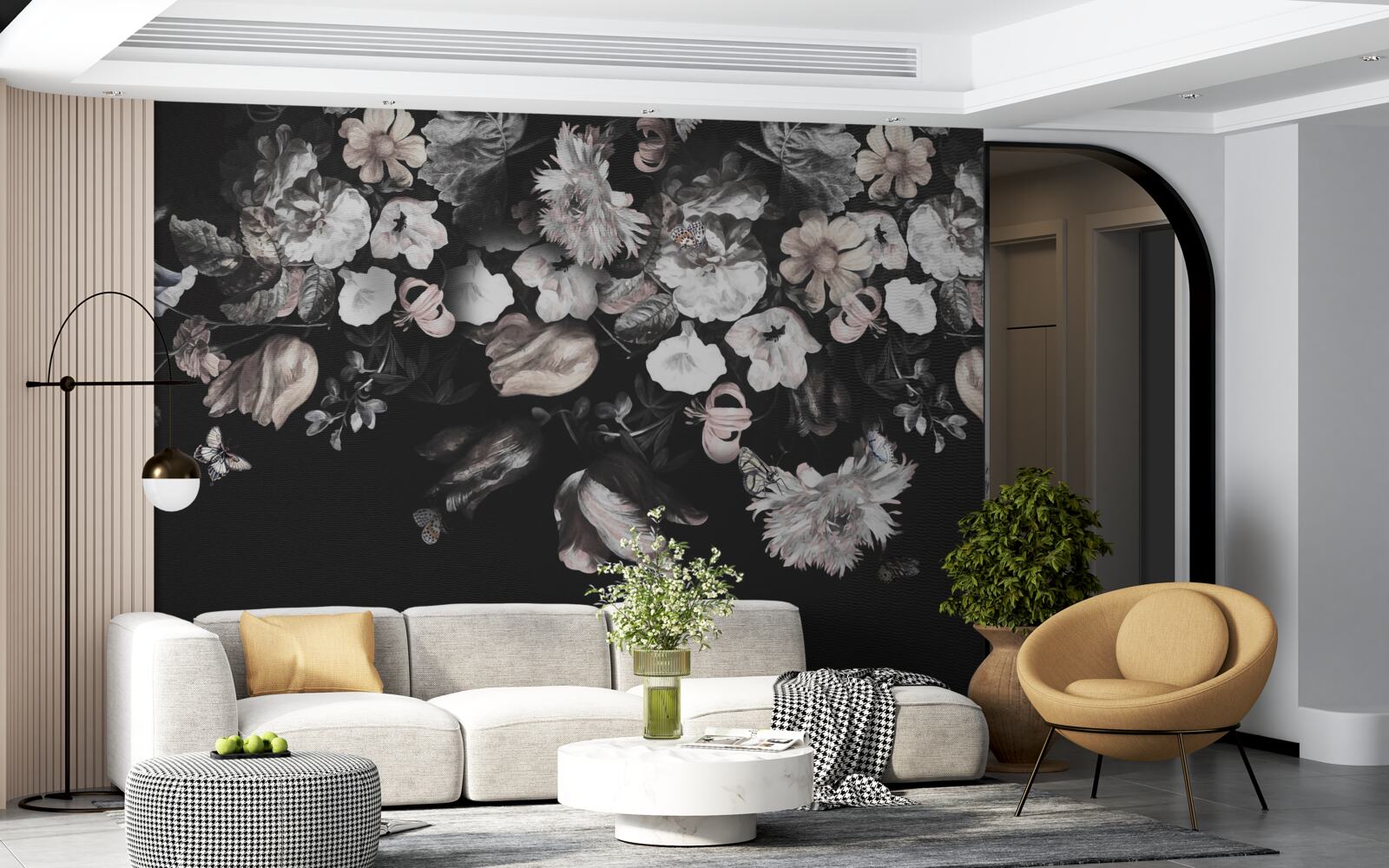 Fototapet muguri de flori albe pe un fundal întunecat