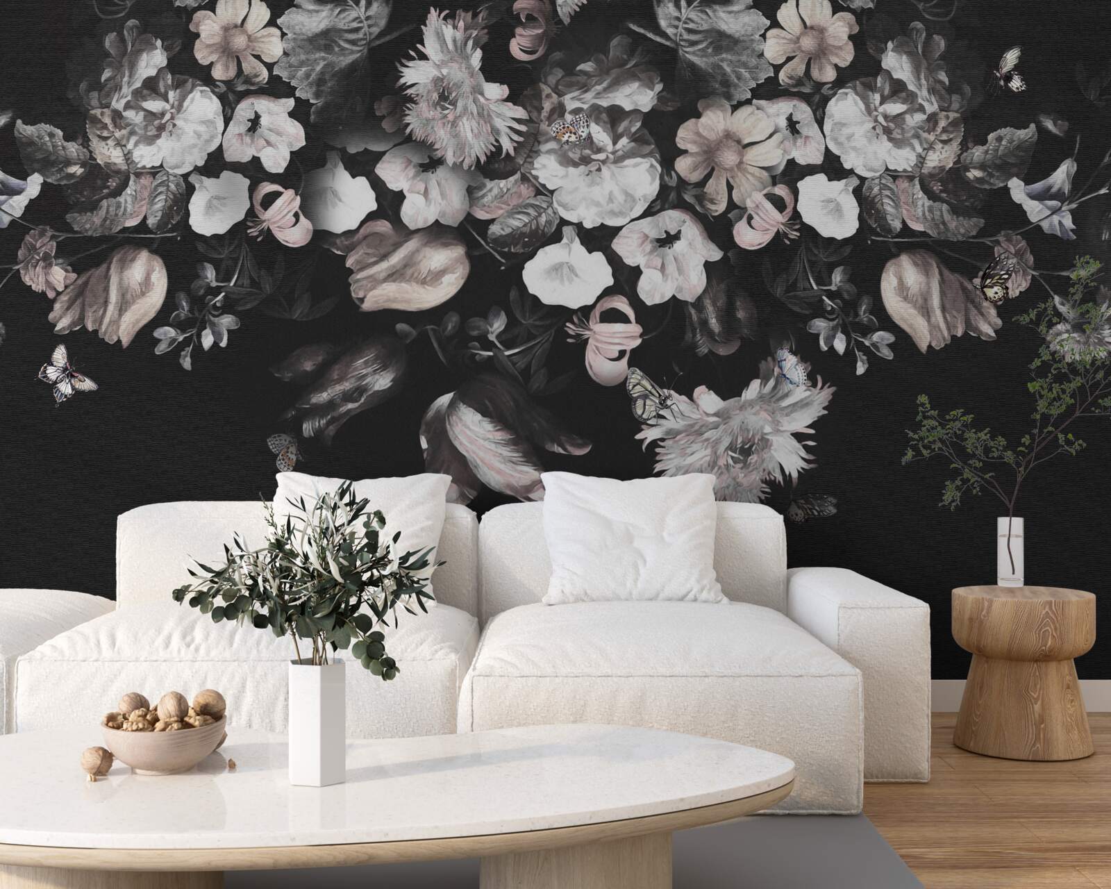 Fototapet muguri de flori albe pe un fundal întunecat