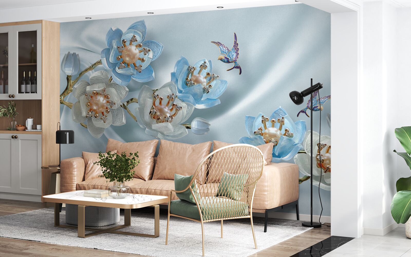 Fototapet ramură de magnolie decorată cu perle și aur pe un fundal de mătase