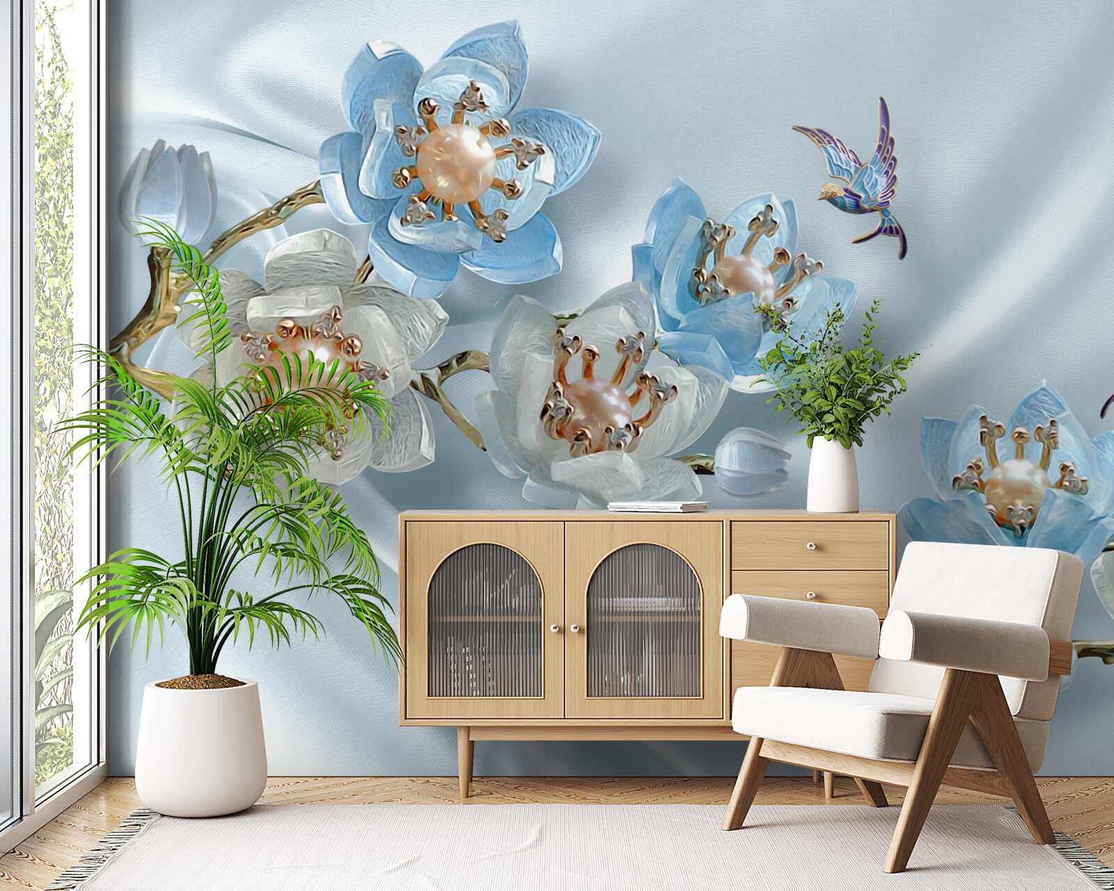 Fototapet ramură de magnolie decorată cu perle și aur pe un fundal de mătase