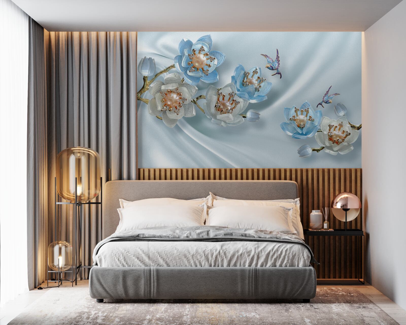 Fototapet ramură de magnolie decorată cu perle și aur pe un fundal de mătase