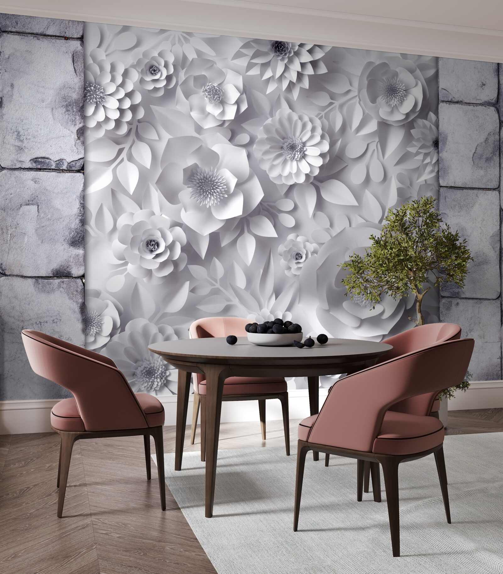 Fototapet flori multicolore, tridimensionale, pe un fundal de cărămidă