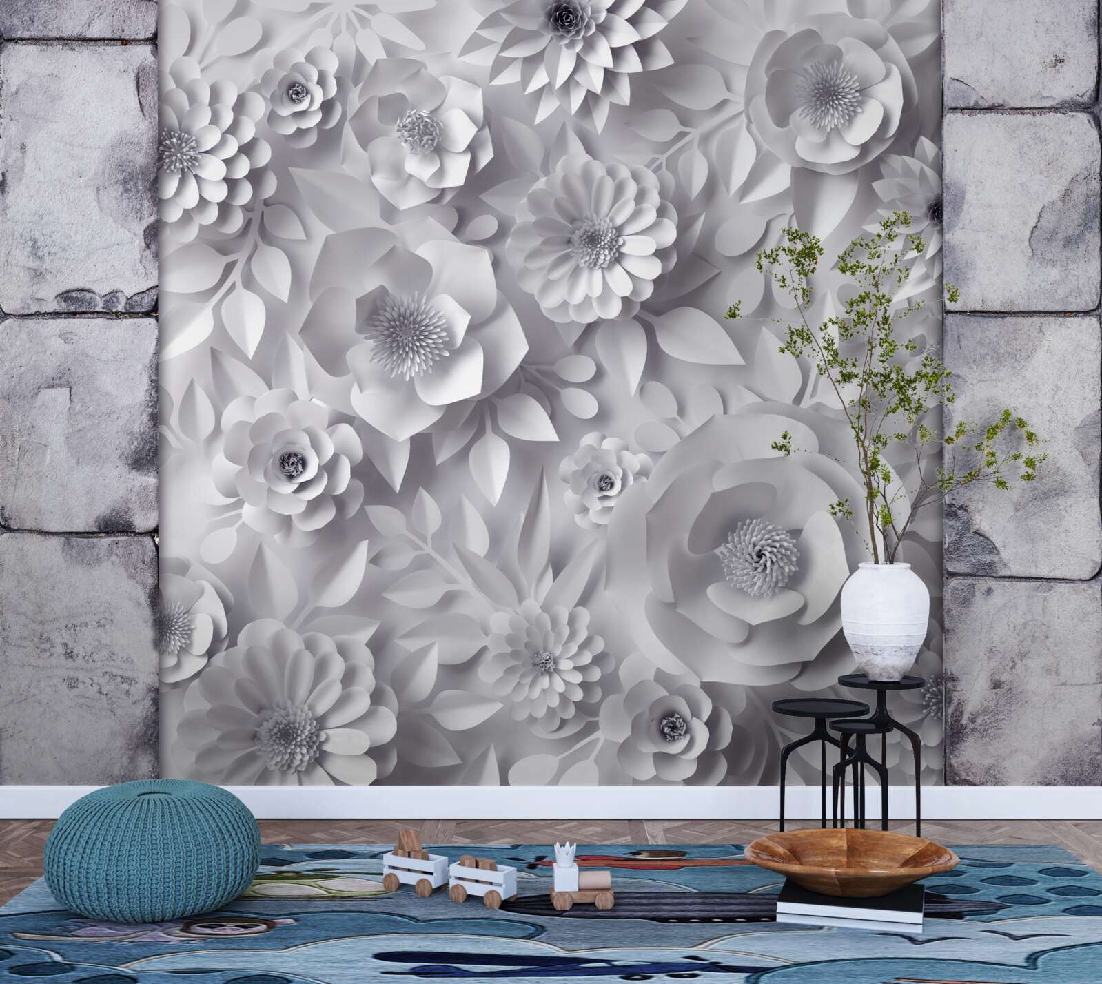 Fototapet flori multicolore, tridimensionale, pe un fundal de cărămidă