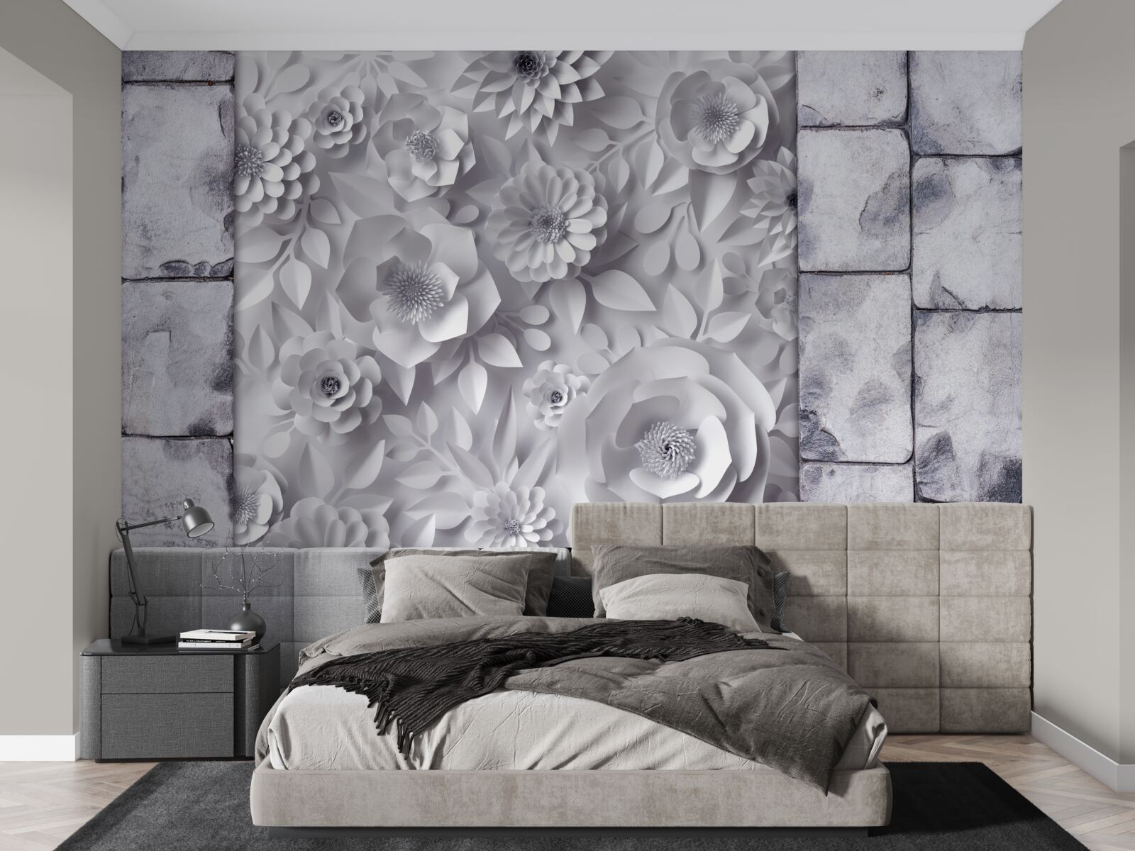 Fototapet flori multicolore, tridimensionale, pe un fundal de cărămidă