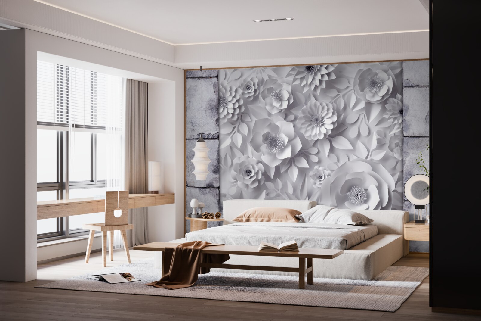 Fototapet flori multicolore, tridimensionale, pe un fundal de cărămidă