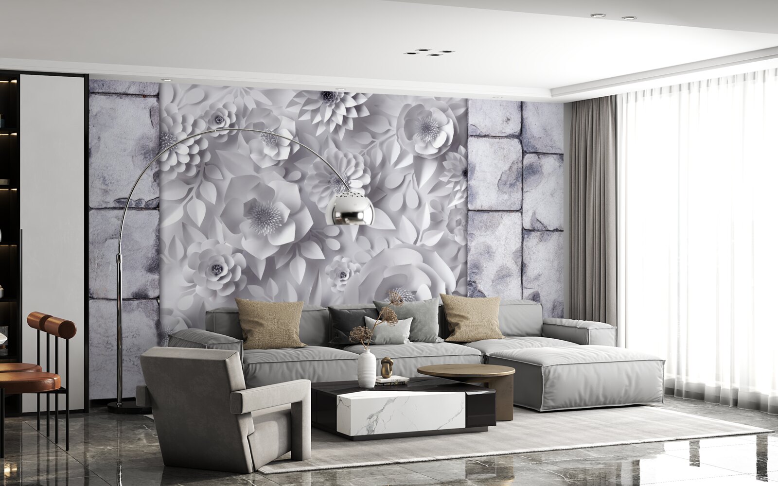 Fototapet flori multicolore, tridimensionale, pe un fundal de cărămidă