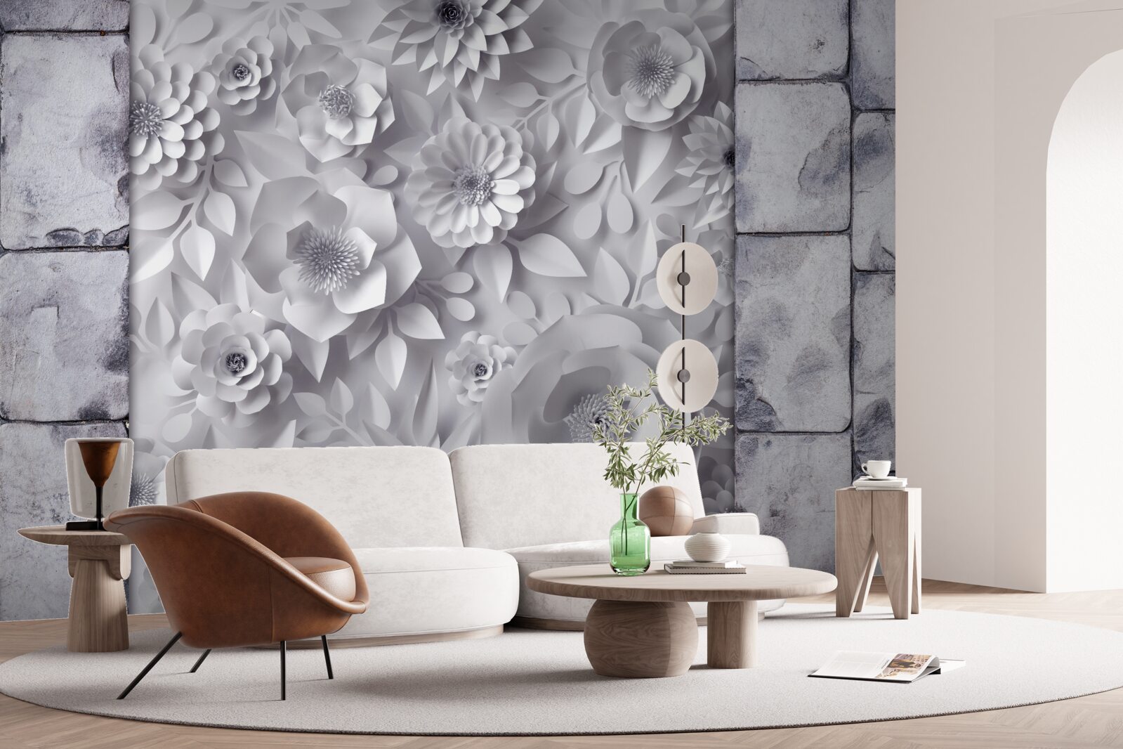 Fototapet flori multicolore, tridimensionale, pe un fundal de cărămidă