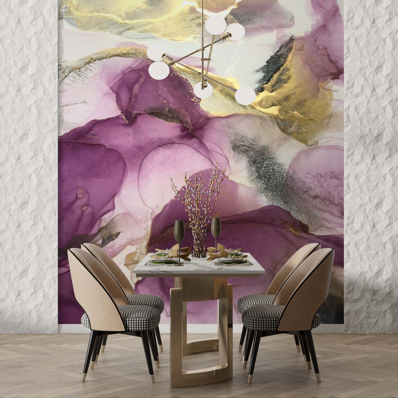 Fototapet abstract în formă de păsări pe frunze mov