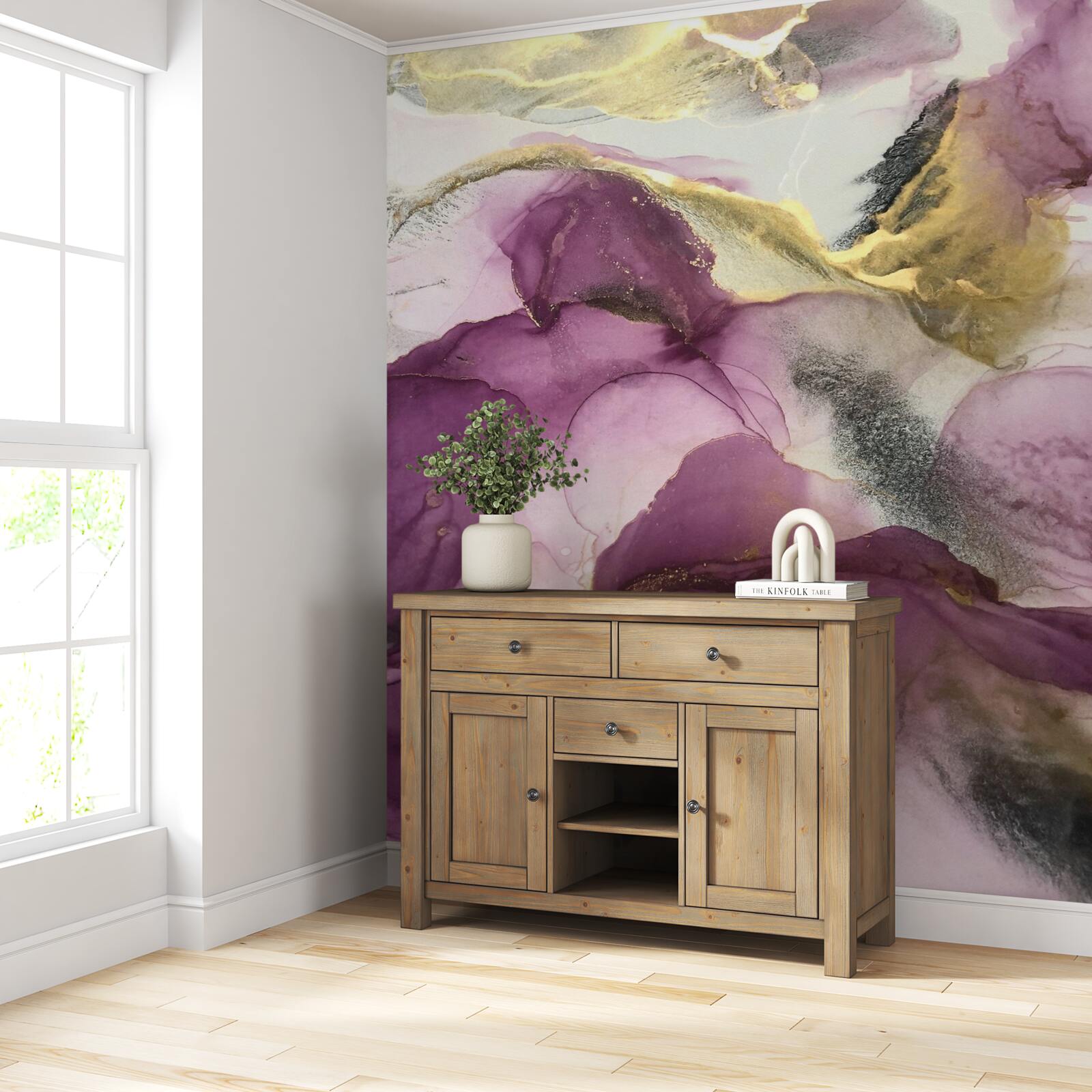 Fototapet abstract în formă de păsări pe frunze mov