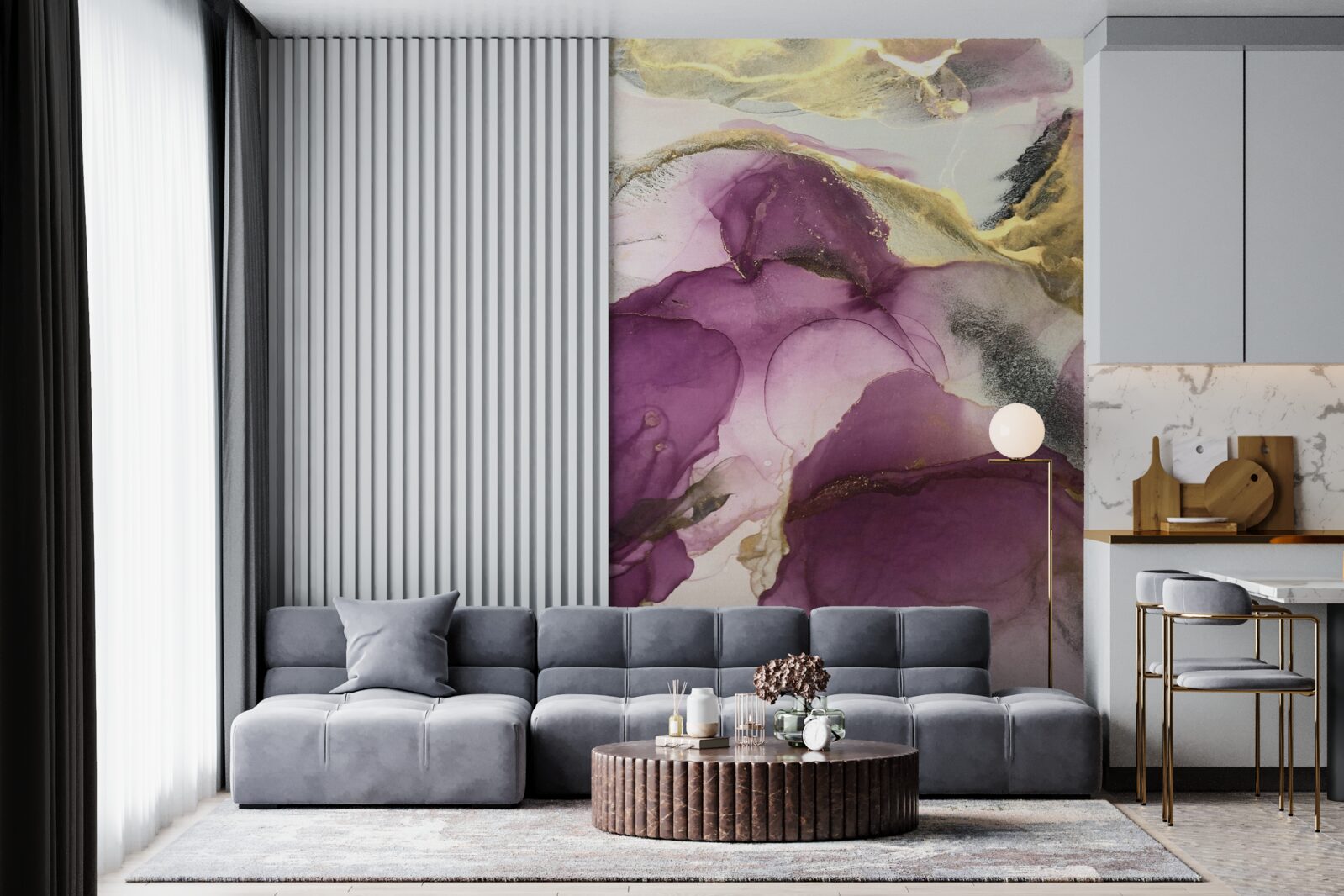 Fototapet abstract în formă de păsări pe frunze mov