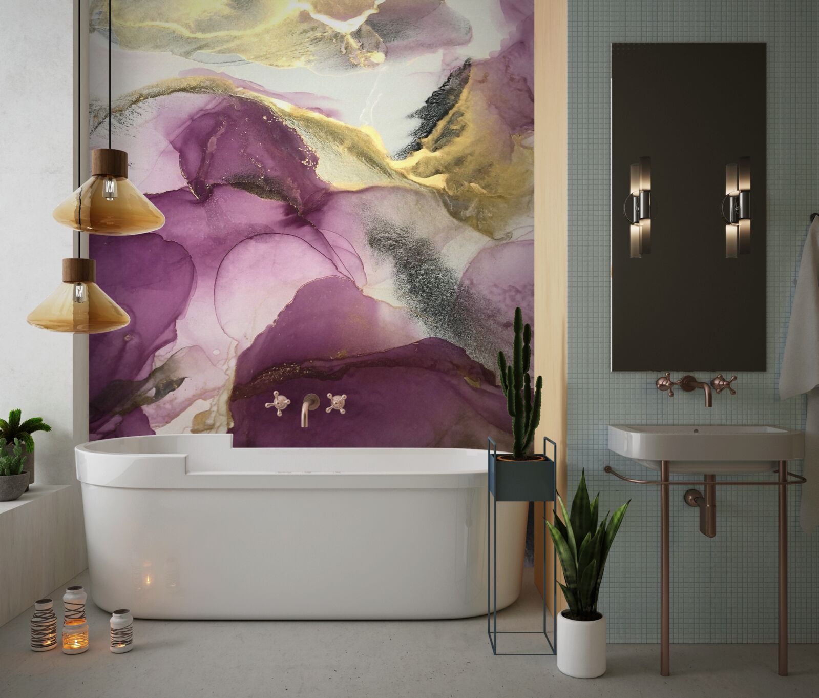 Fototapet abstract în formă de păsări pe frunze mov