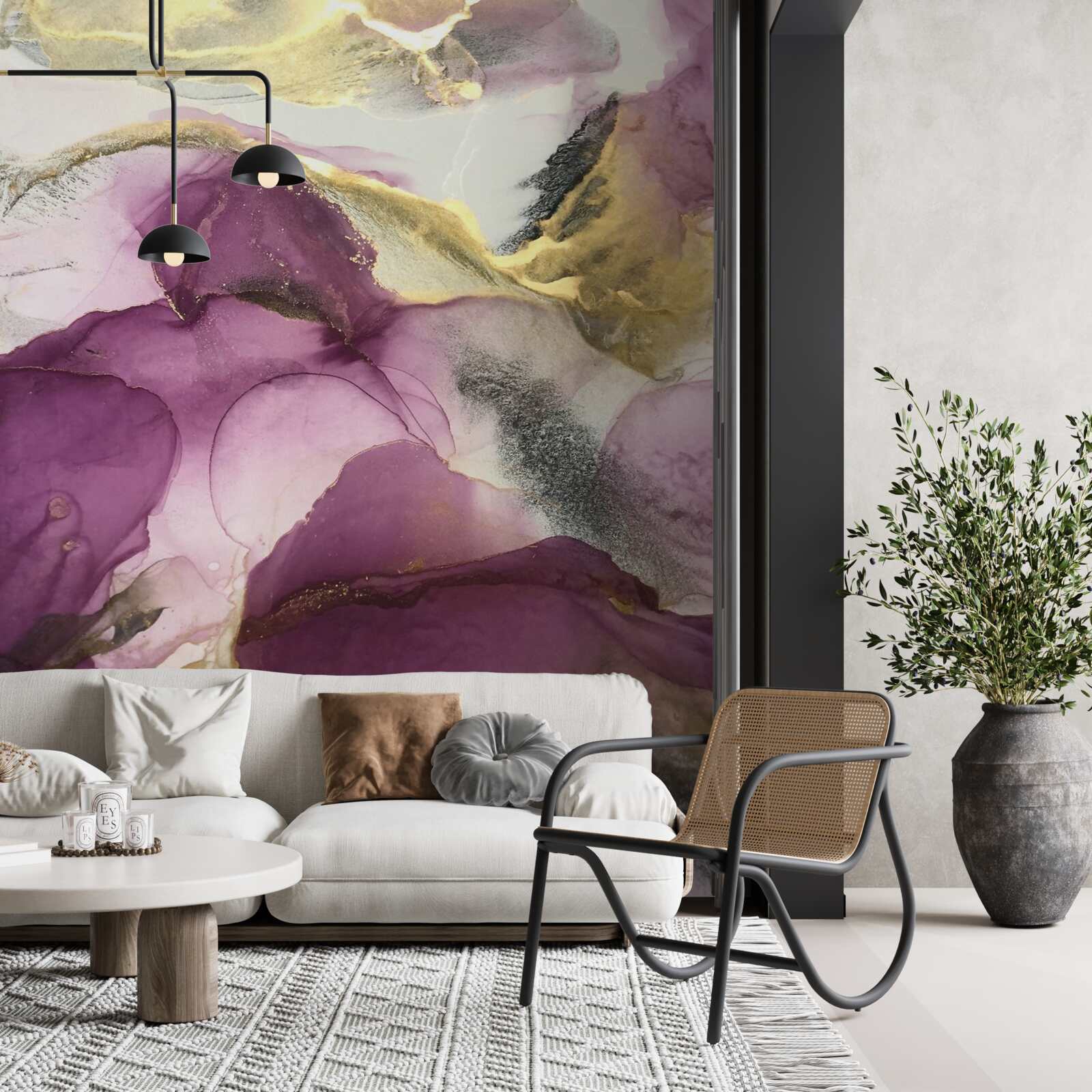 Fototapet abstract în formă de păsări pe frunze mov