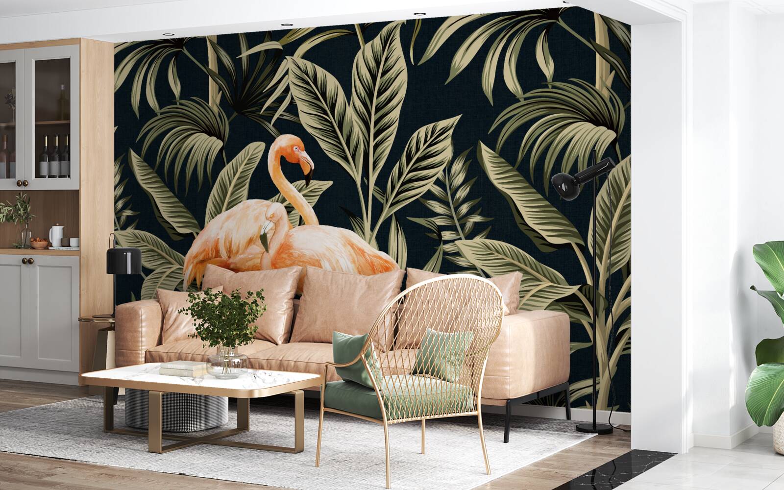 Fototapet flamingo roz fac o plimbare în pădure