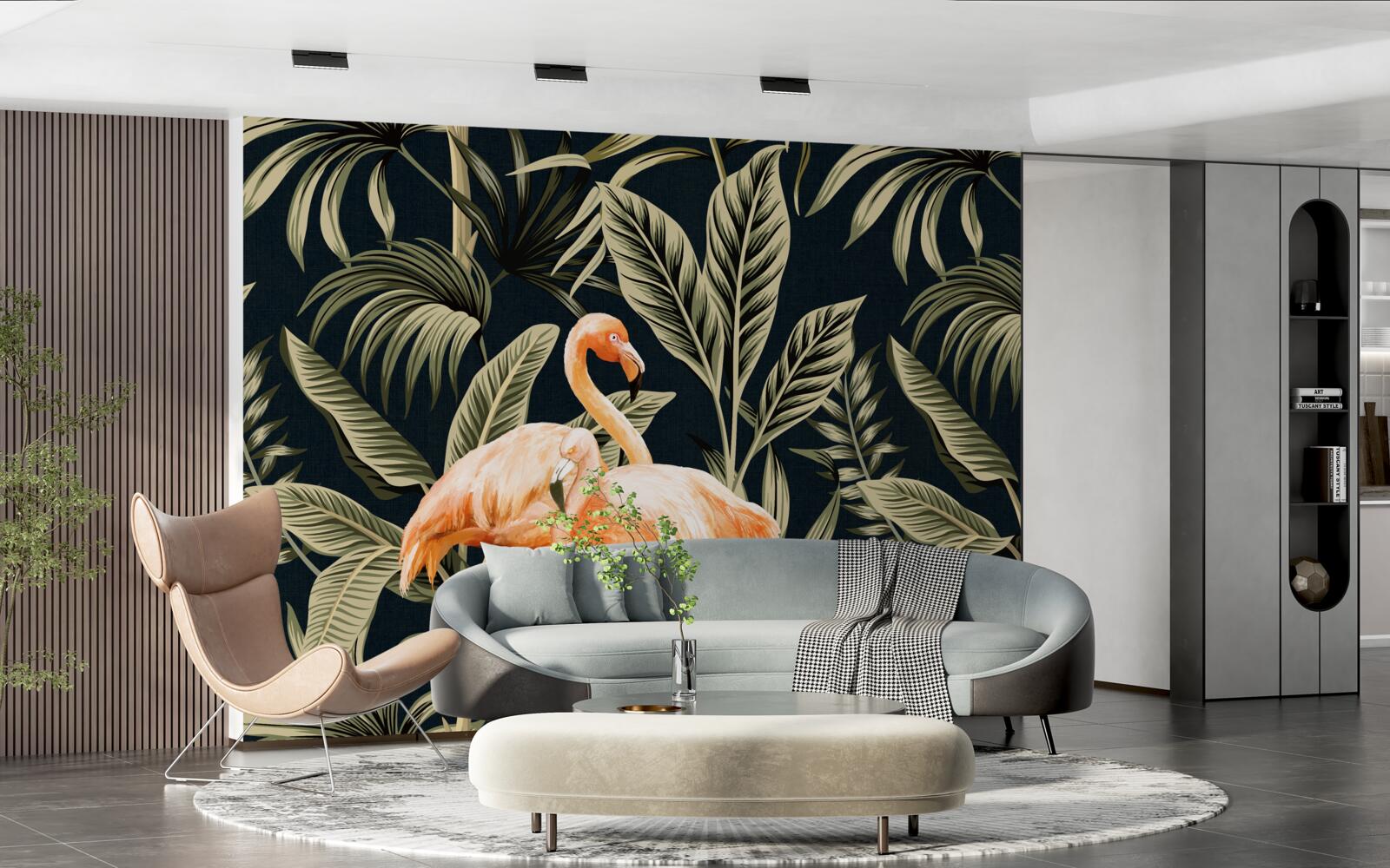 Fototapet flamingo roz fac o plimbare în pădure