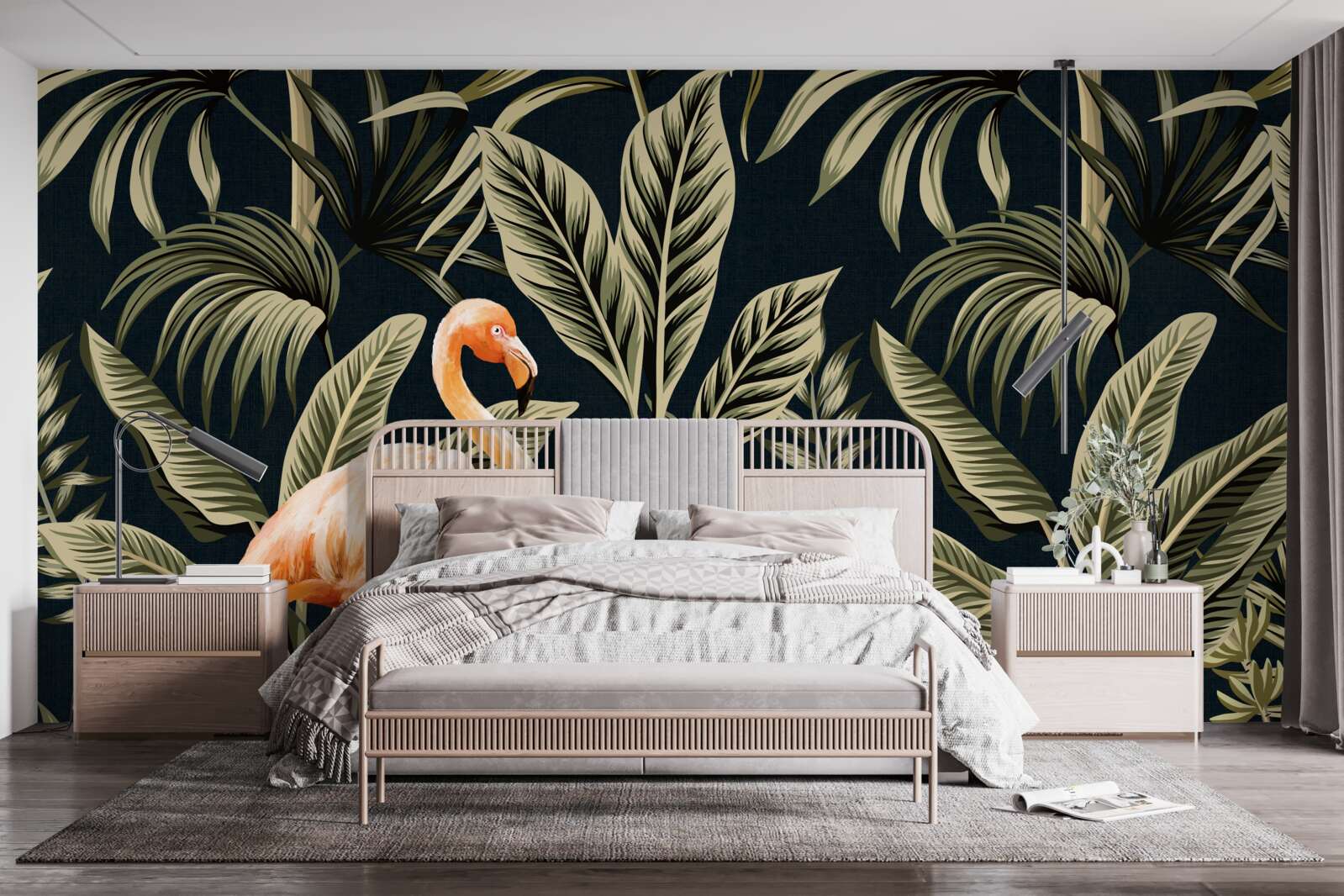 Fototapet flamingo roz fac o plimbare în pădure