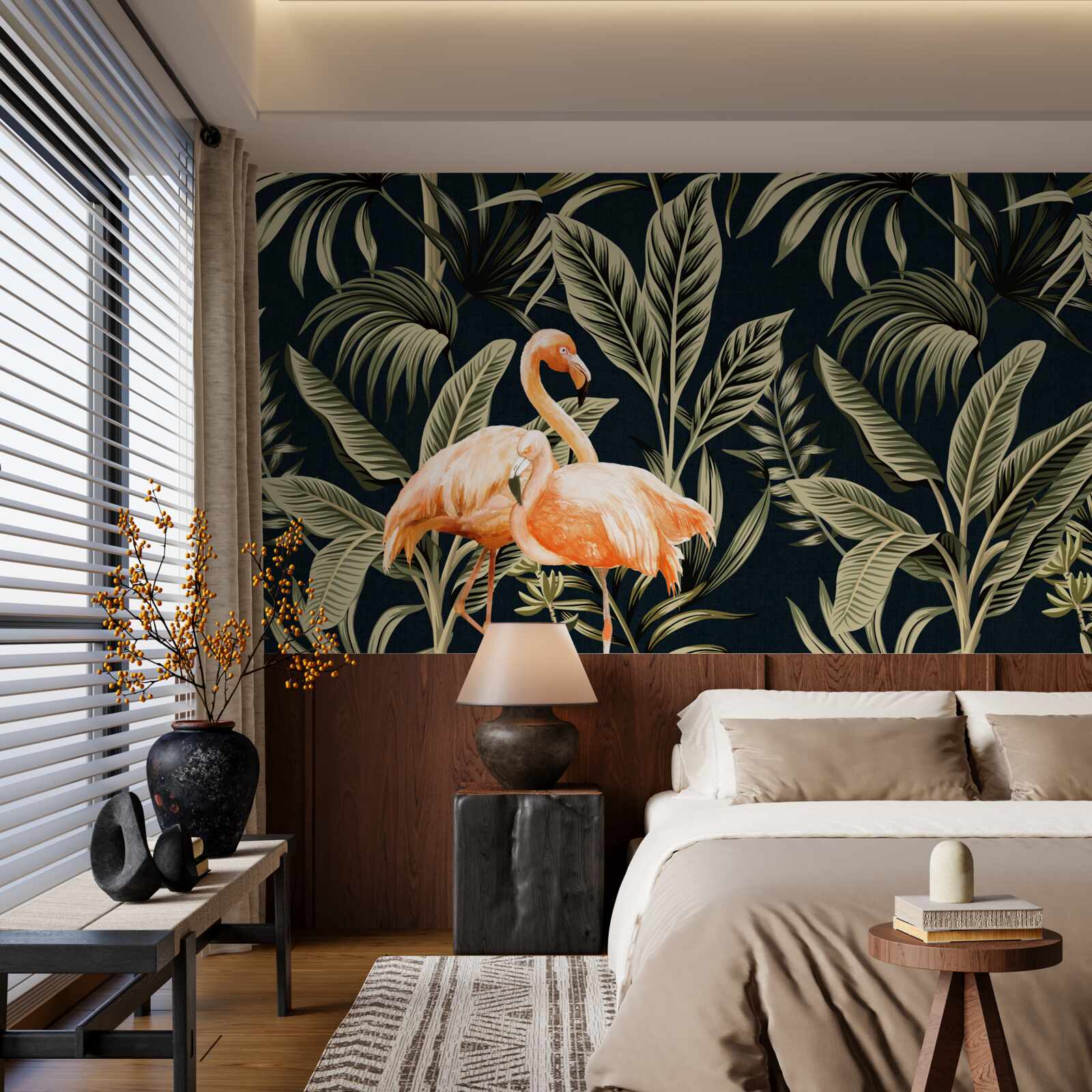 Fototapet flamingo roz fac o plimbare în pădure