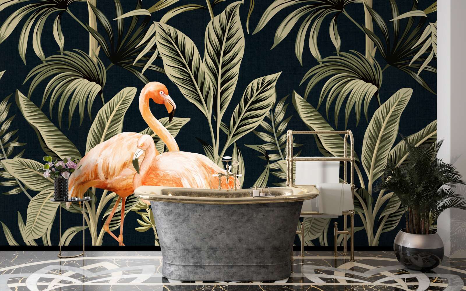 Fototapet flamingo roz fac o plimbare în pădure