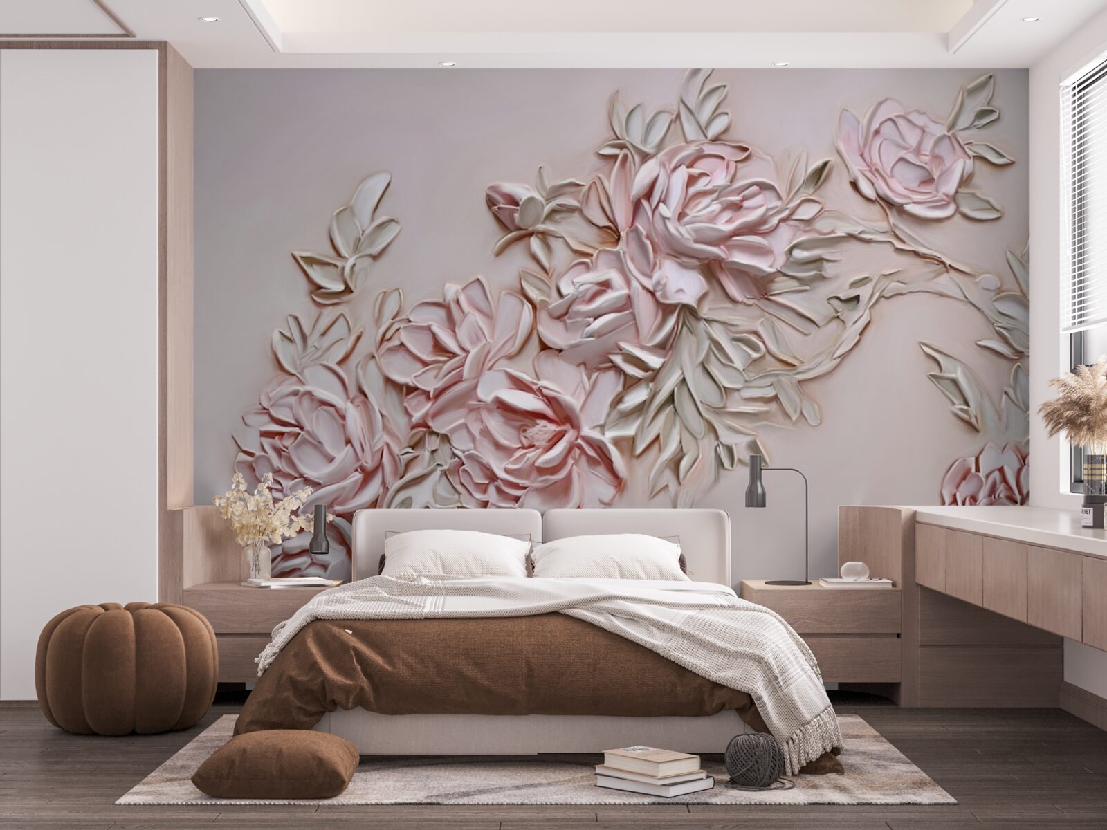 Fototapet frunze verzi pe o ramură de flori roz