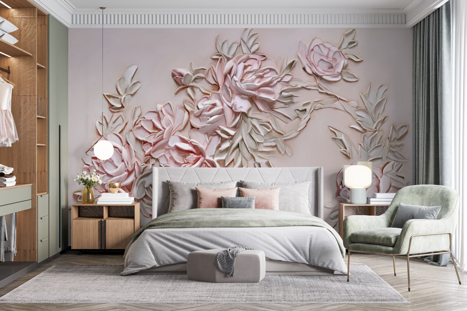 Fototapet frunze verzi pe o ramură de flori roz