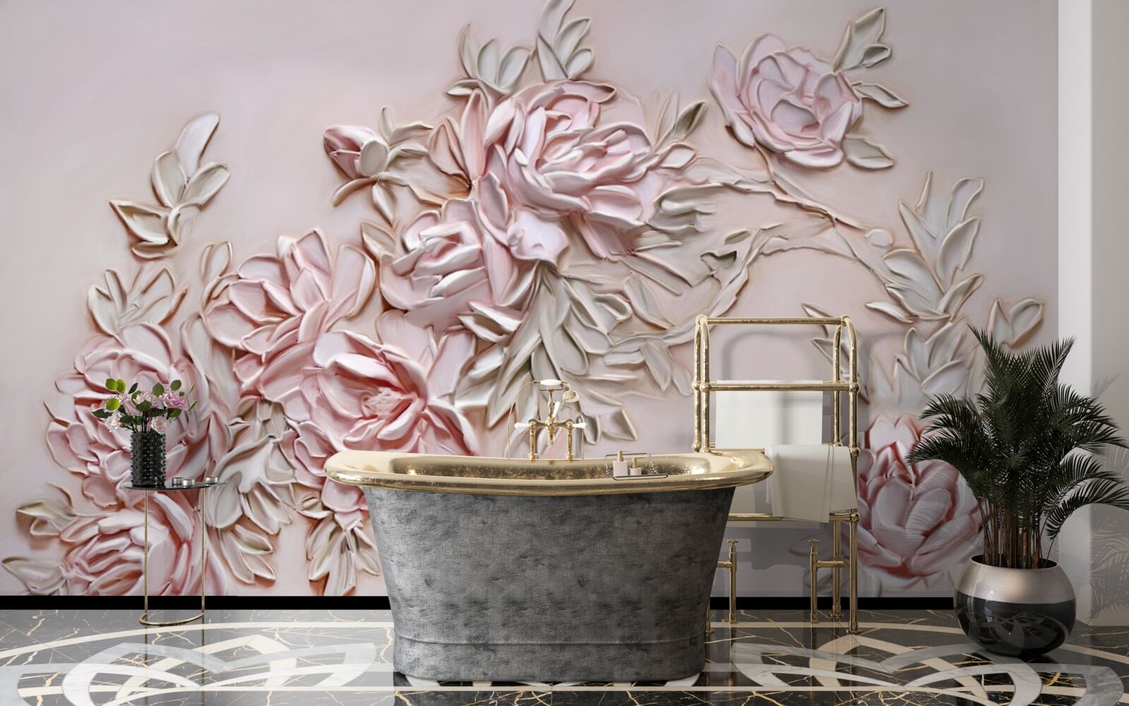 Fototapet frunze verzi pe o ramură de flori roz